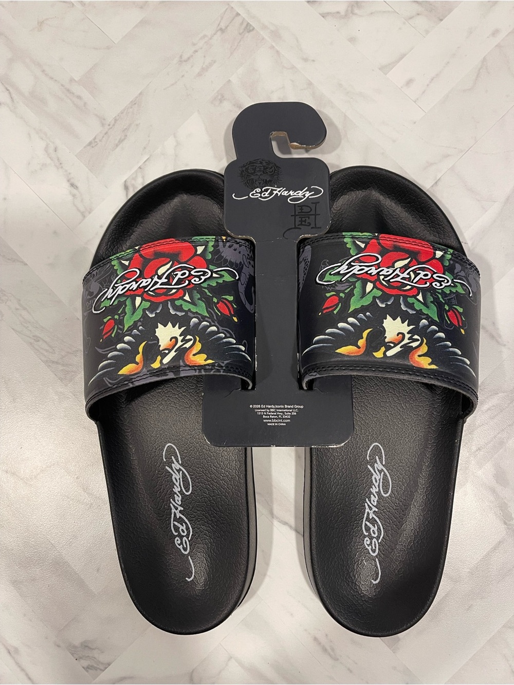 Ed Hardy Black Slides with Red Floral Tattoo Print